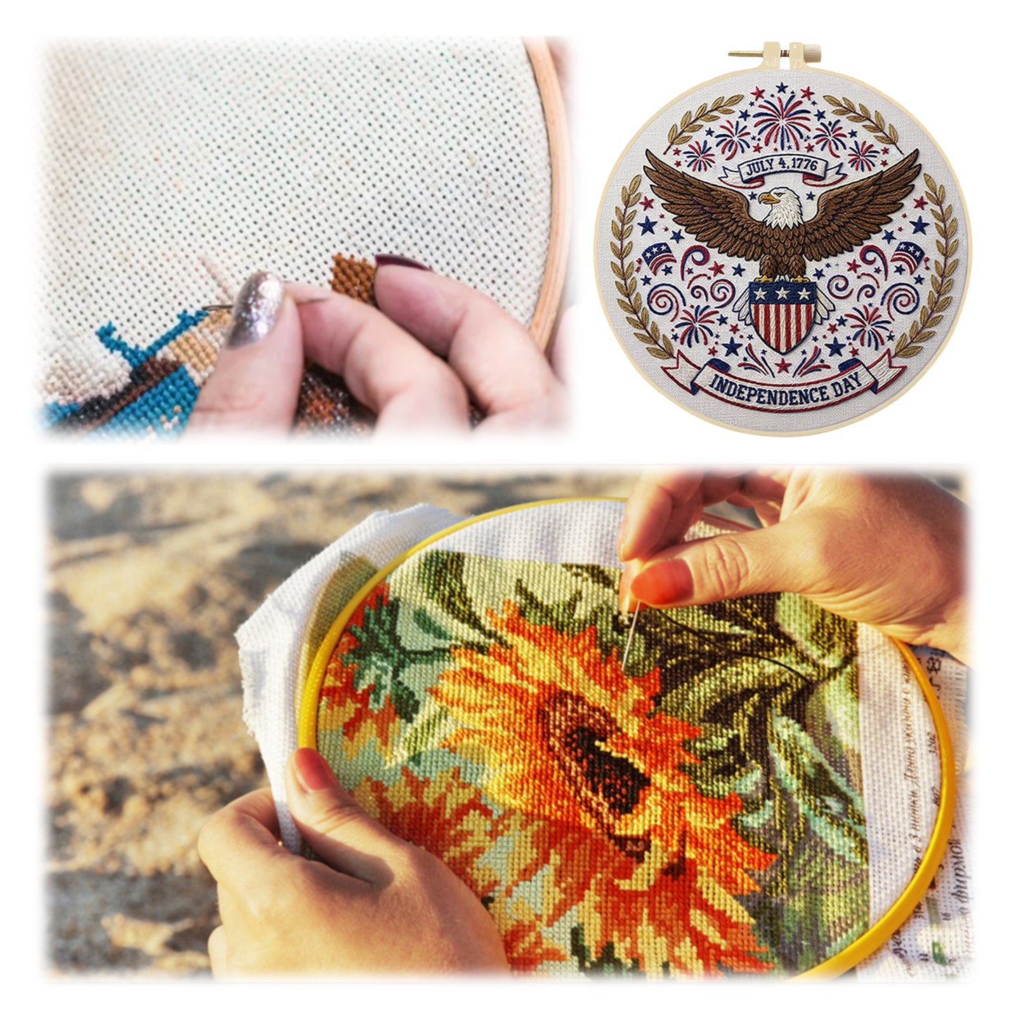 Independence Day - DIY Embroidery Cross Stitch Kit with Pattern Cotton Threads Needles Hoop 29x29CM/11.42x11.42in