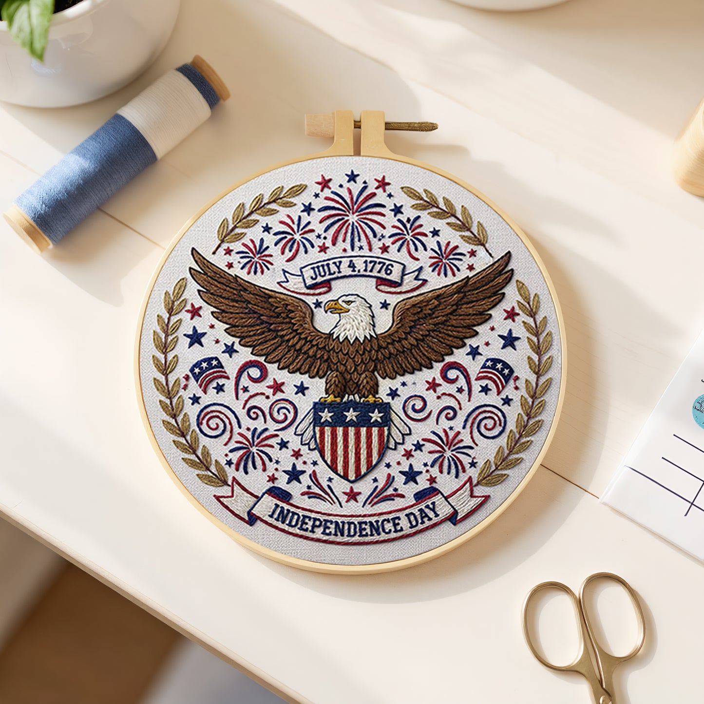 Independence Day - DIY Embroidery Cross Stitch Kit with Pattern Cotton Threads Needles Hoop 29x29CM/11.42x11.42in