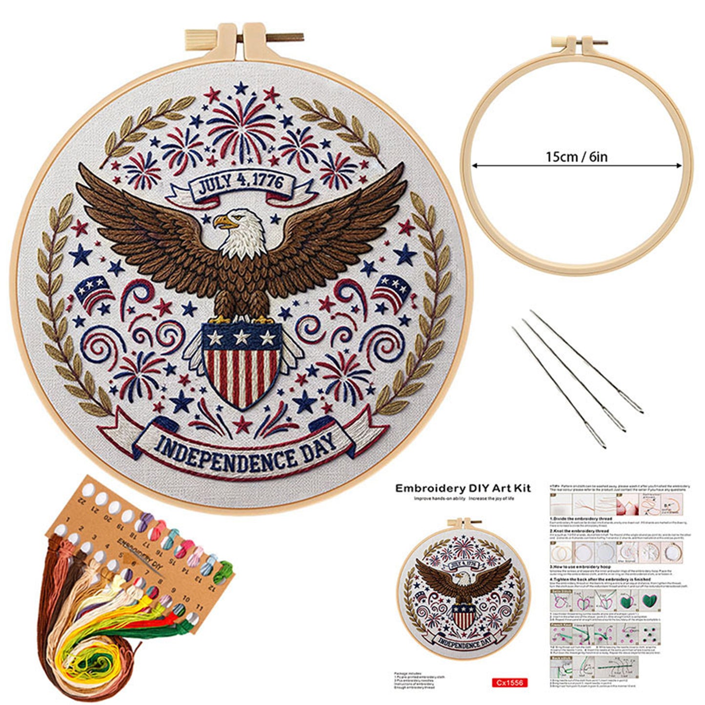 Independence Day - DIY Embroidery Cross Stitch Kit with Pattern Cotton Threads Needles Hoop 29x29CM/11.42x11.42in