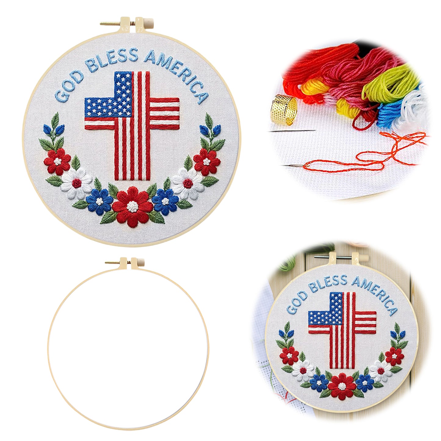 Independence Day - DIY Embroidery Cross Stitch Kit with Pattern Cotton Threads Needles Hoop 29x29CM/11.42x11.42in