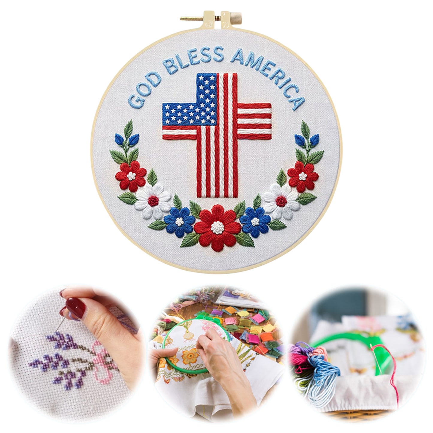 Independence Day - DIY Embroidery Cross Stitch Kit with Pattern Cotton Threads Needles Hoop 29x29CM/11.42x11.42in
