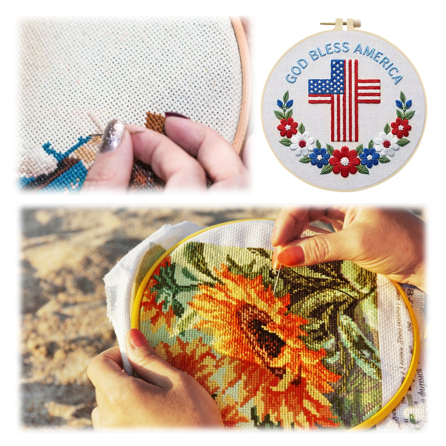 Independence Day - DIY Embroidery Cross Stitch Kit with Pattern Cotton Threads Needles Hoop 29x29CM/11.42x11.42in