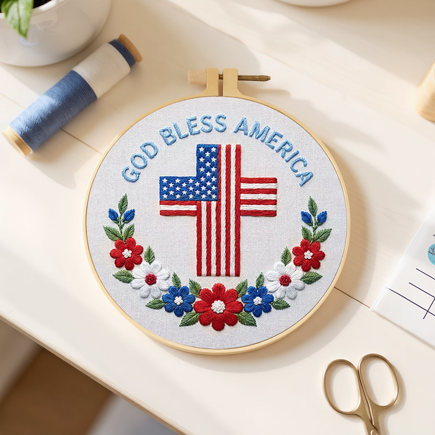 Independence Day - DIY Embroidery Cross Stitch Kit with Pattern Cotton Threads Needles Hoop 29x29CM/11.42x11.42in