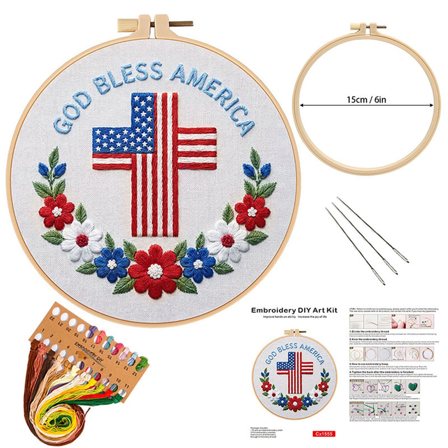 Independence Day - DIY Embroidery Cross Stitch Kit with Pattern Cotton Threads Needles Hoop 29x29CM/11.42x11.42in