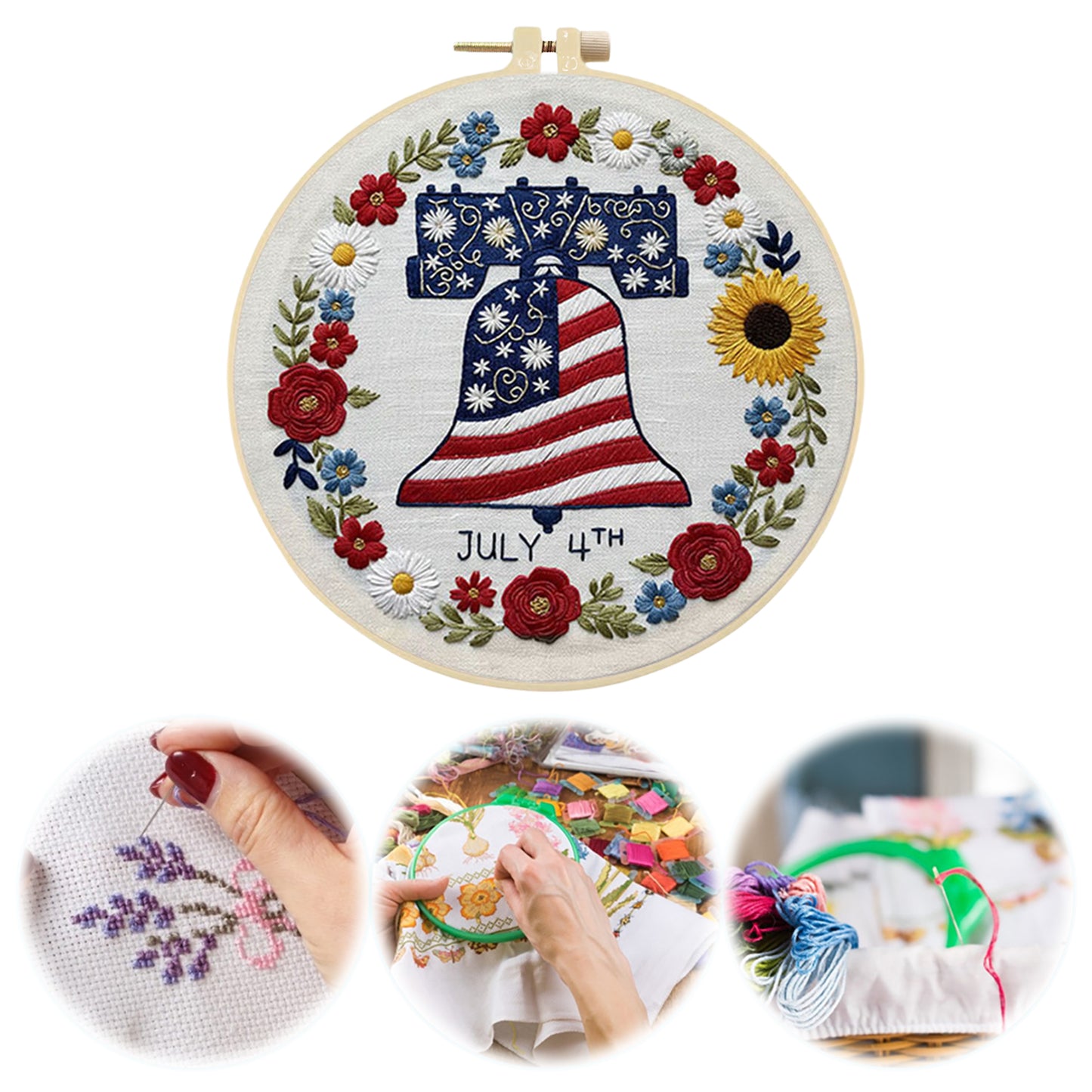 Independence Day - DIY Embroidery Cross Stitch Kit with Pattern Cotton Threads Needles Hoop 29x29CM/11.42x11.42in