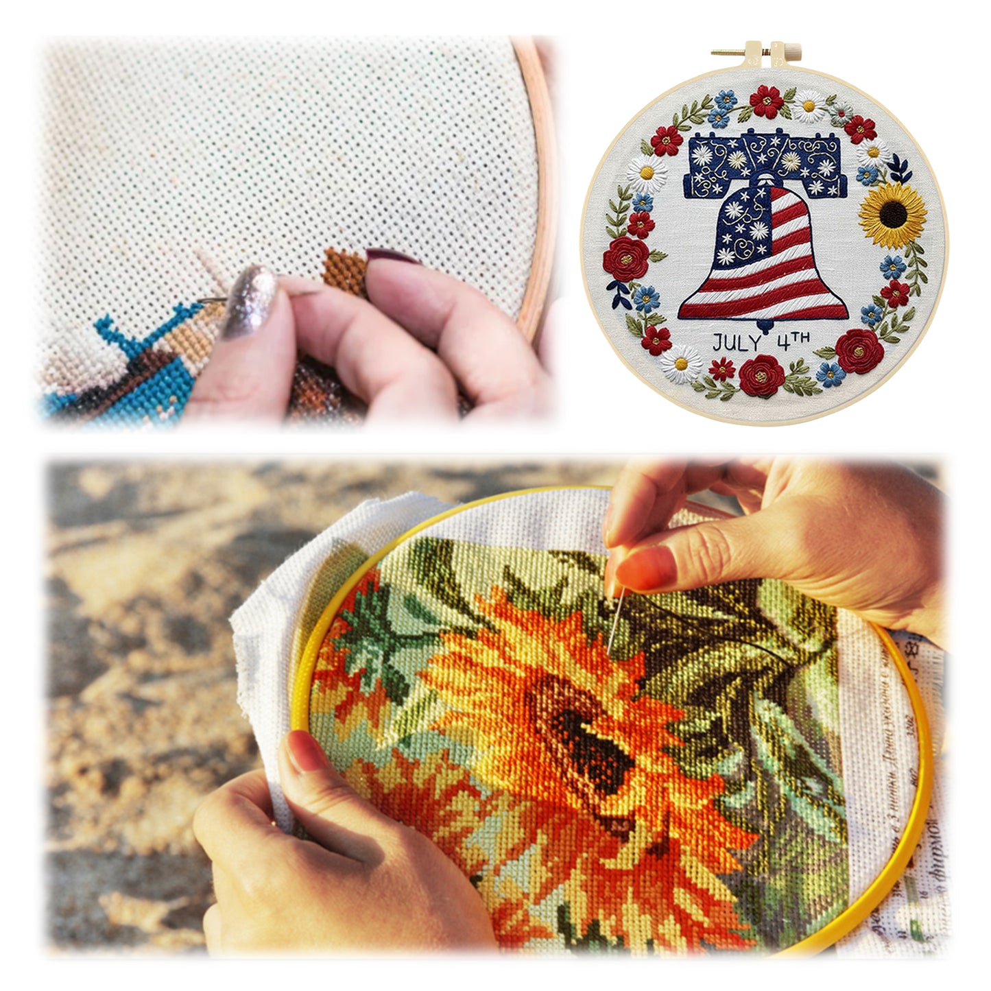 Independence Day - DIY Embroidery Cross Stitch Kit with Pattern Cotton Threads Needles Hoop 29x29CM/11.42x11.42in