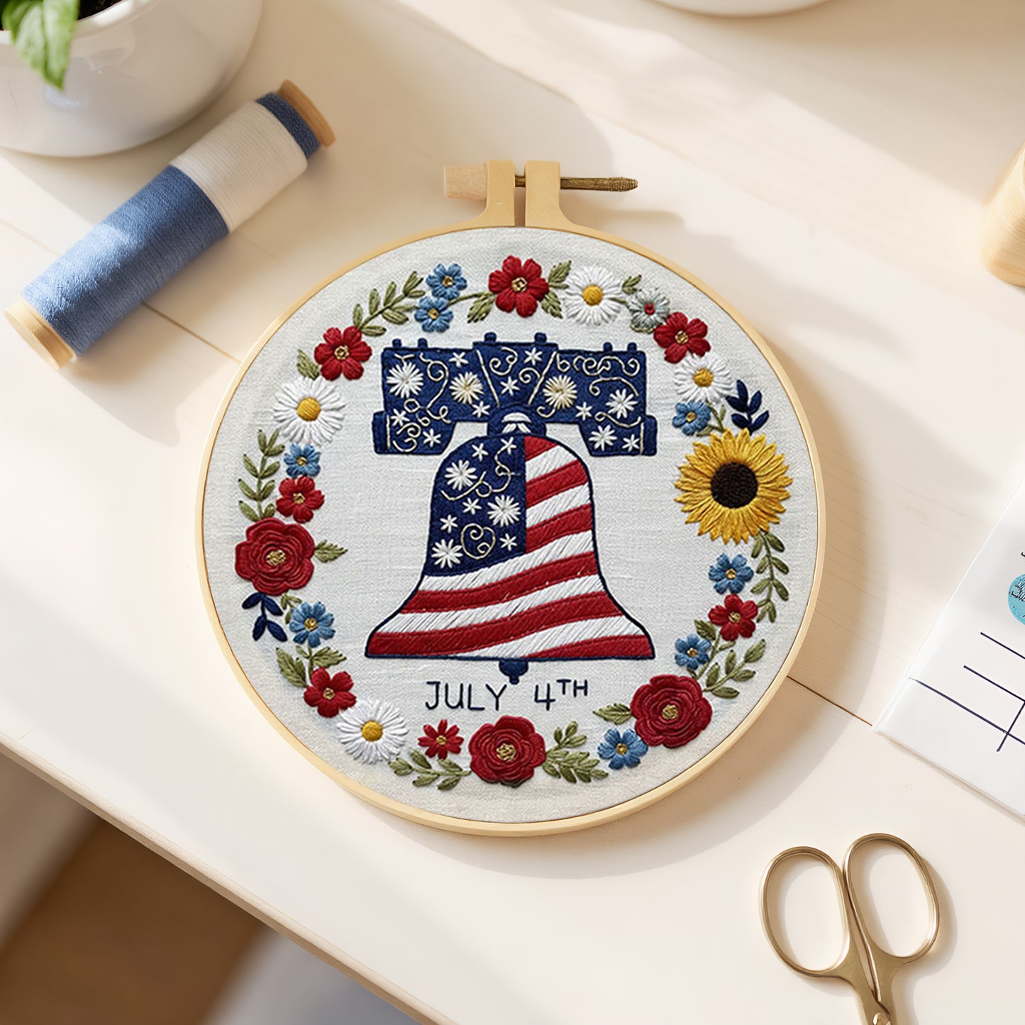Independence Day - DIY Embroidery Cross Stitch Kit with Pattern Cotton Threads Needles Hoop 29x29CM/11.42x11.42in