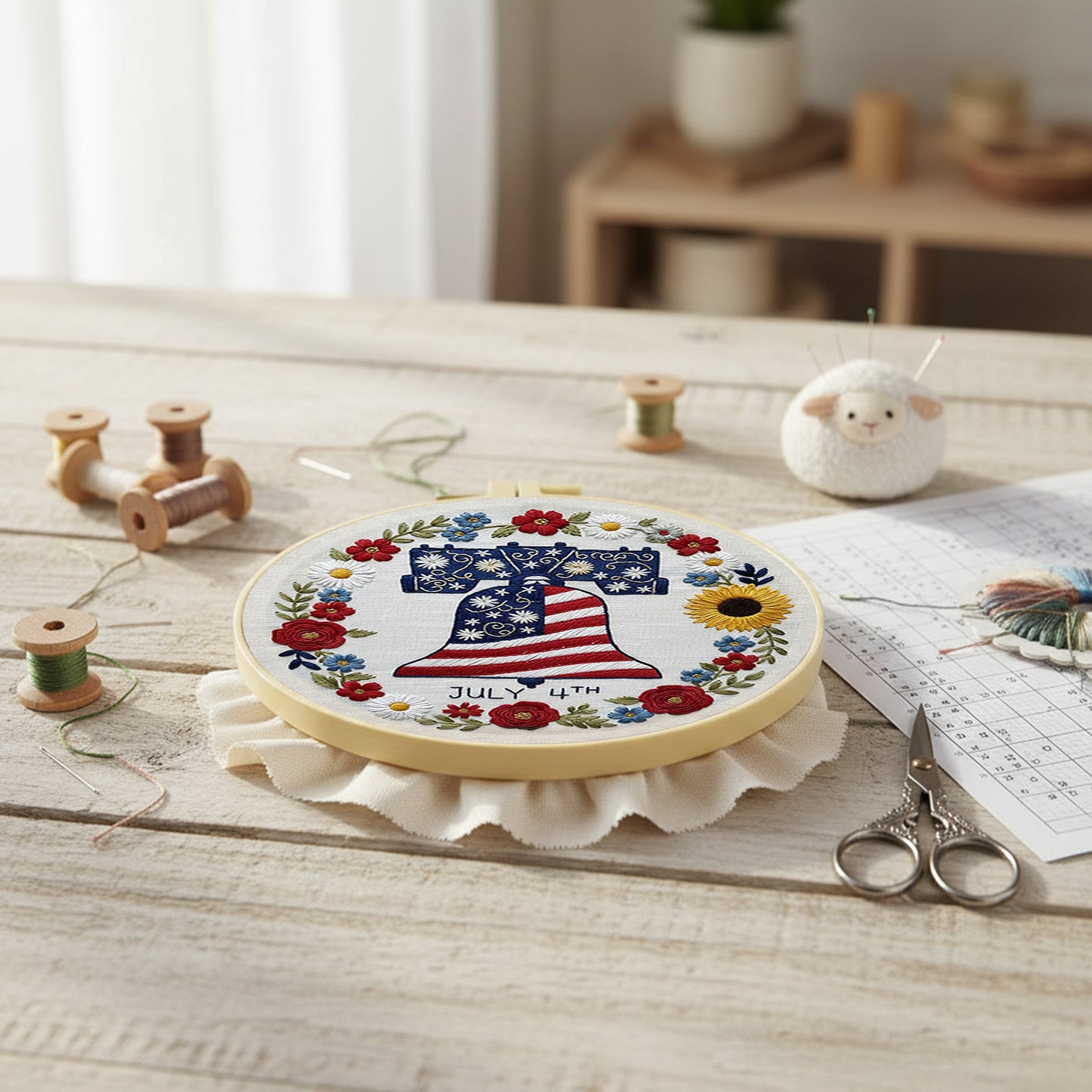 Independence Day - DIY Embroidery Cross Stitch Kit with Pattern Cotton Threads Needles Hoop 29x29CM/11.42x11.42in