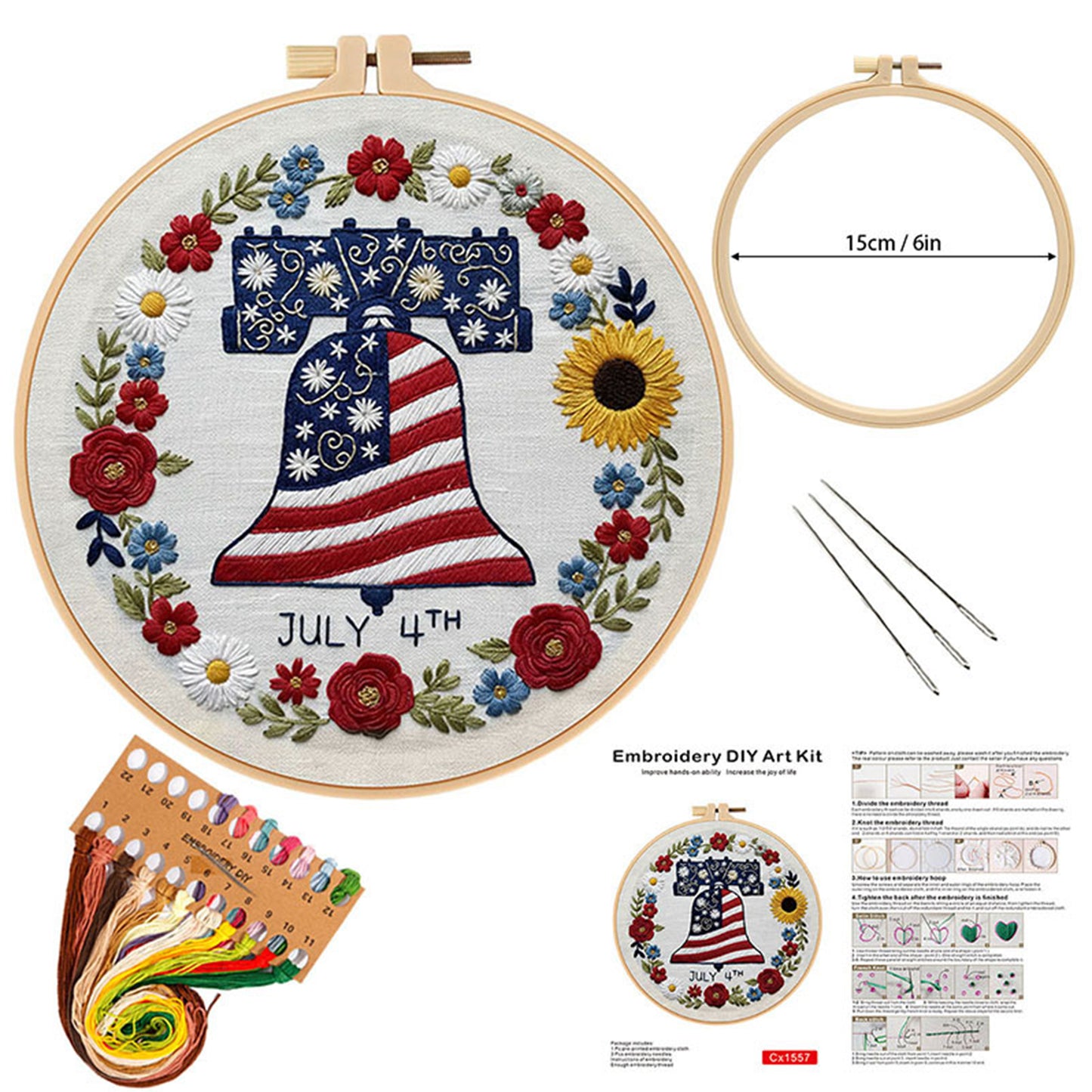 Independence Day - DIY Embroidery Cross Stitch Kit with Pattern Cotton Threads Needles Hoop 29x29CM/11.42x11.42in