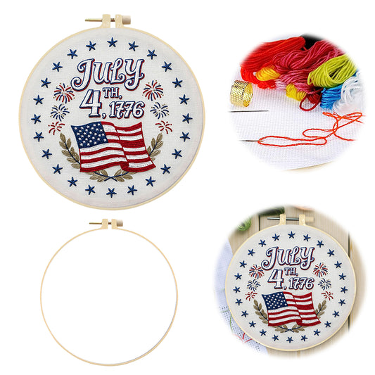 Independence Day - DIY Embroidery Cross Stitch Kit with Pattern Cotton Threads Needles Hoop 29x29CM/11.42x11.42in
