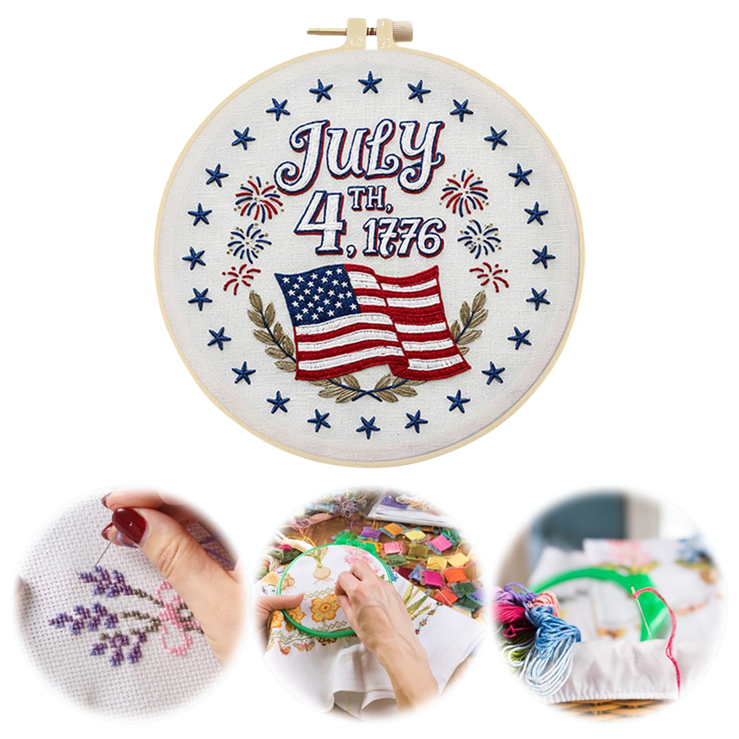 Independence Day - DIY Embroidery Cross Stitch Kit with Pattern Cotton Threads Needles Hoop 29x29CM/11.42x11.42in