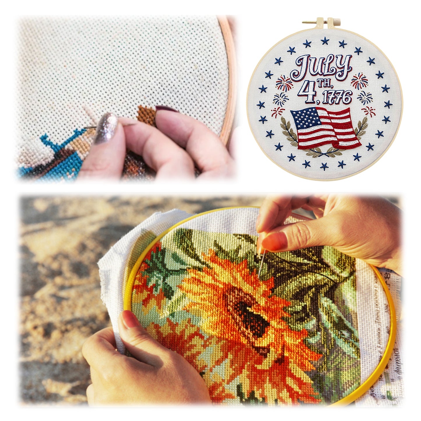 Independence Day - DIY Embroidery Cross Stitch Kit with Pattern Cotton Threads Needles Hoop 29x29CM/11.42x11.42in