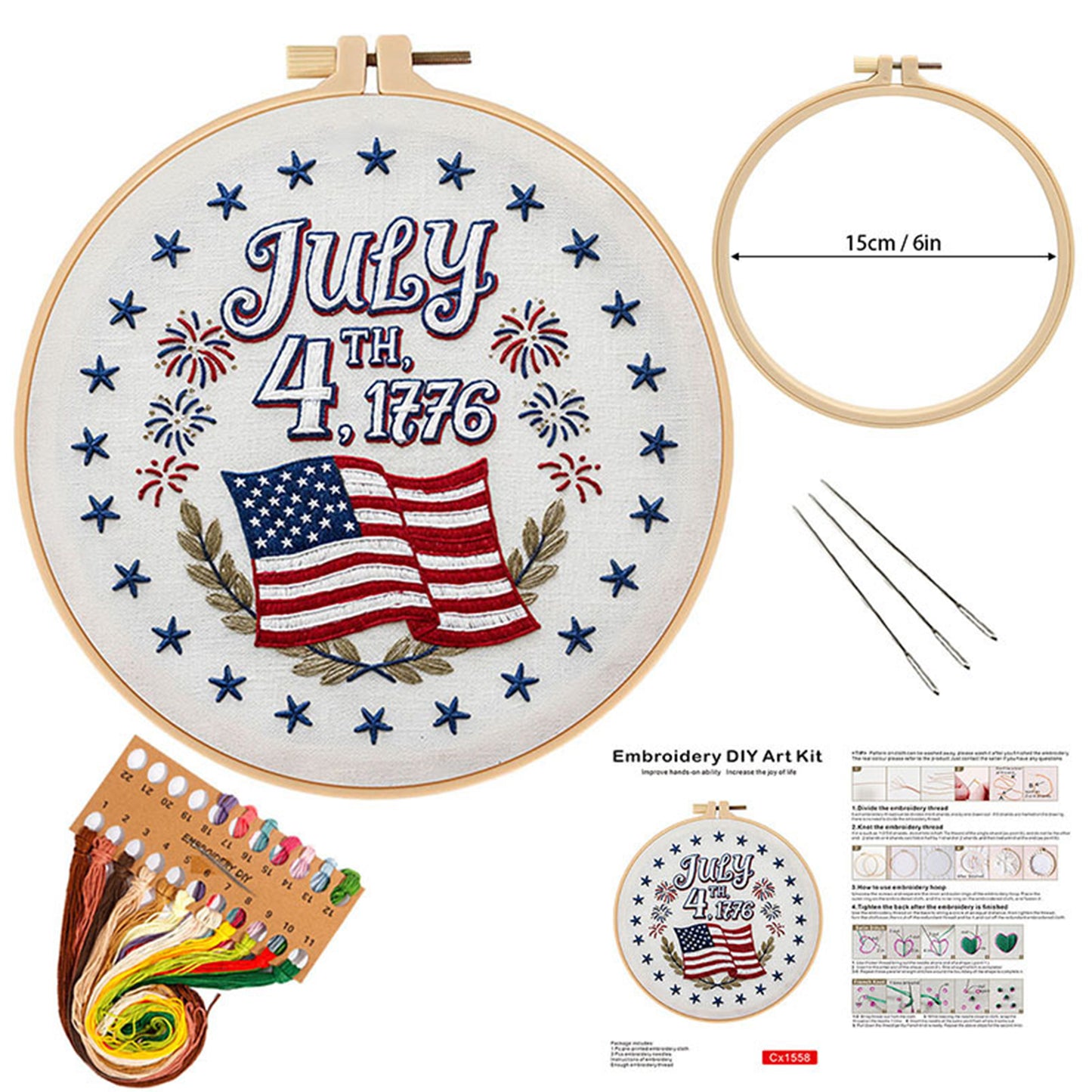 Independence Day - DIY Embroidery Cross Stitch Kit with Pattern Cotton Threads Needles Hoop 29x29CM/11.42x11.42in