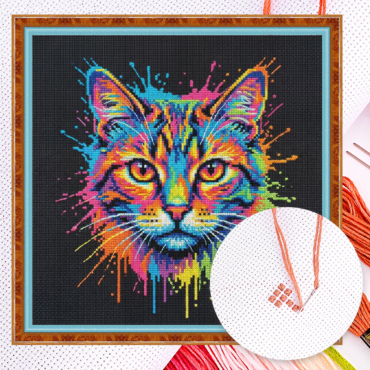Colorful Splash Cat - Full 14CT Counted Cross Stitch 30x30CM - Yishu