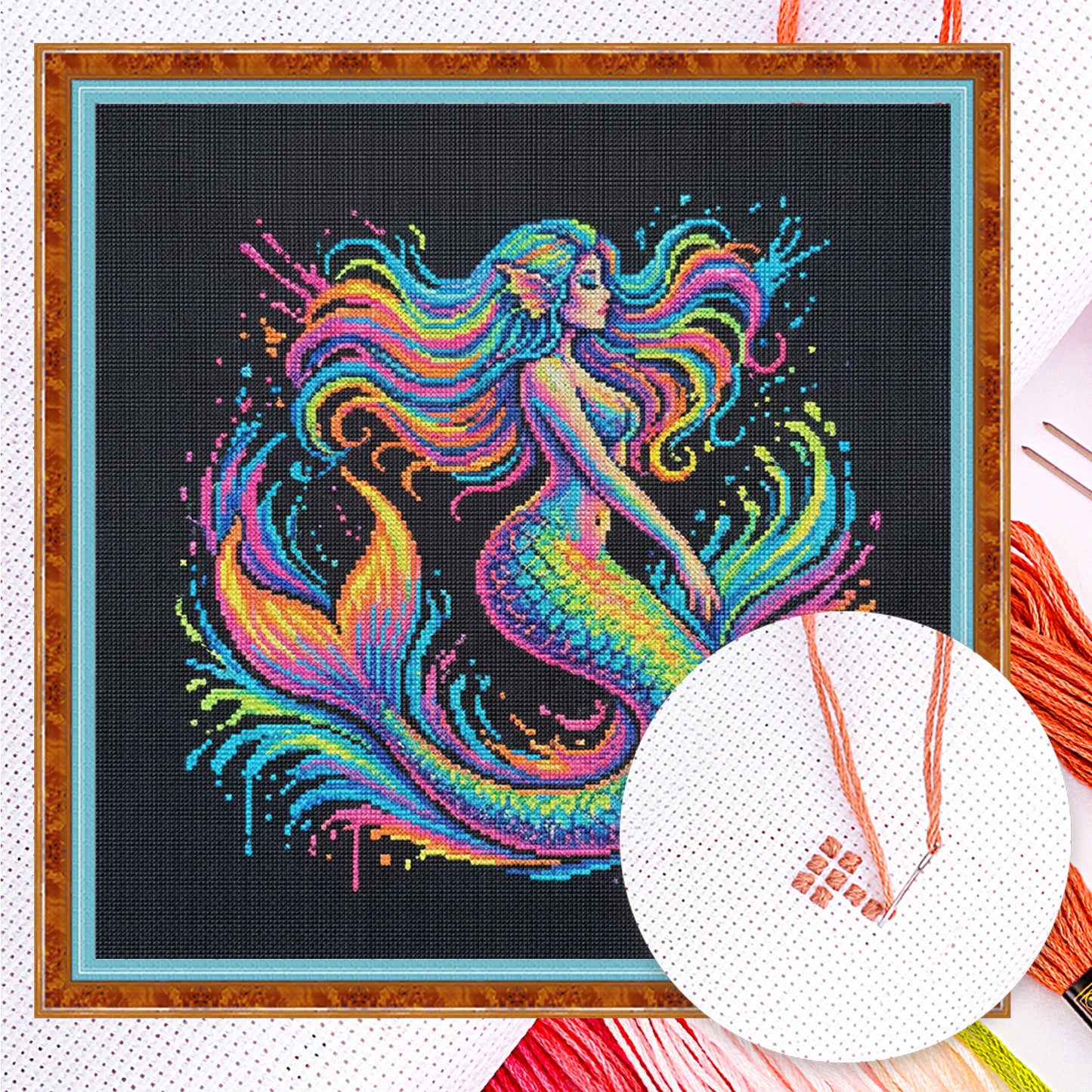 Colorful Splash Mermaid - Full 14CT Counted Cross Stitch 30x30CM - Yishu