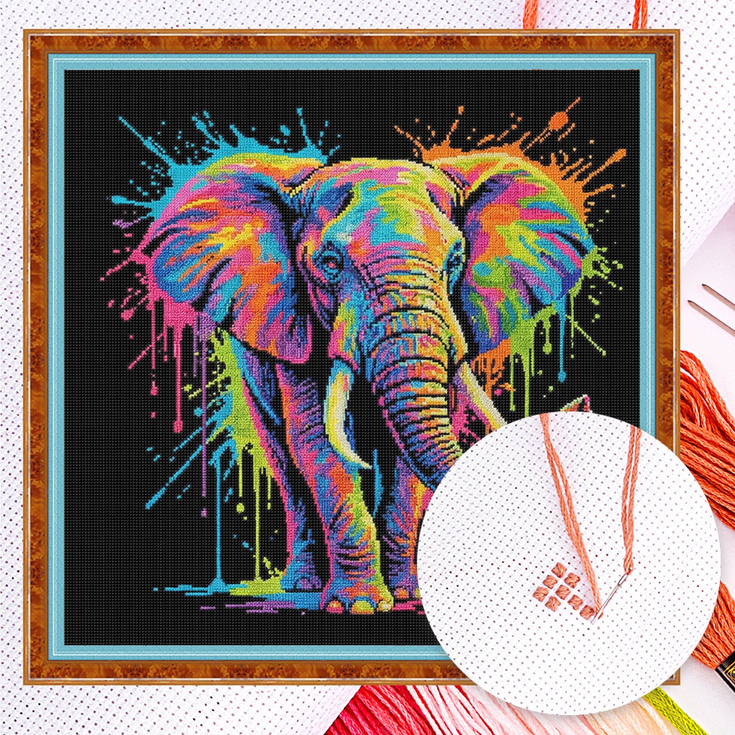 Colorful Splash Elephant - Full 14CT Counted Cross Stitch 30x30CM - Yishu