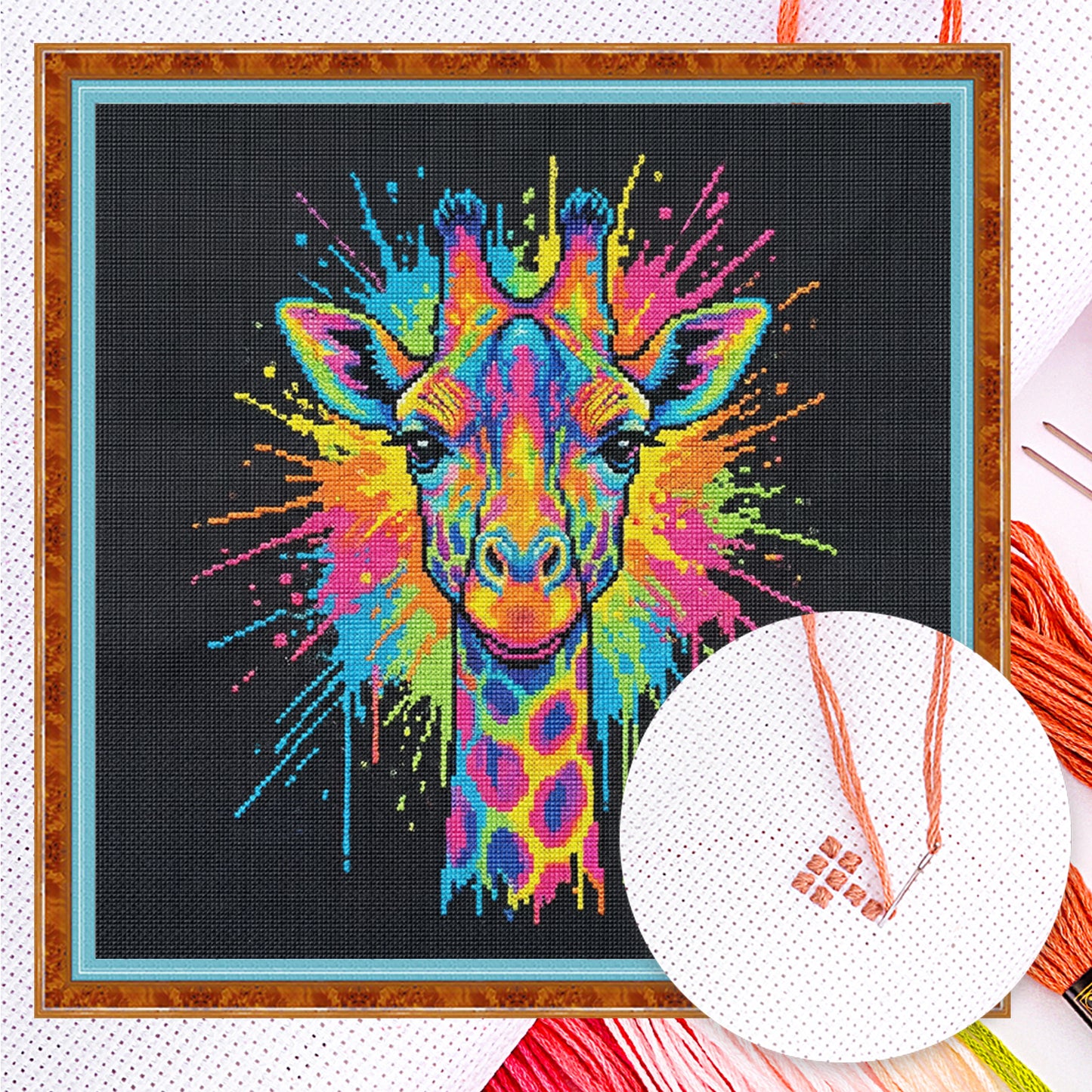 Colorful Splash Giraffe - Full 14CT Counted Cross Stitch 30x30CM - Yishu