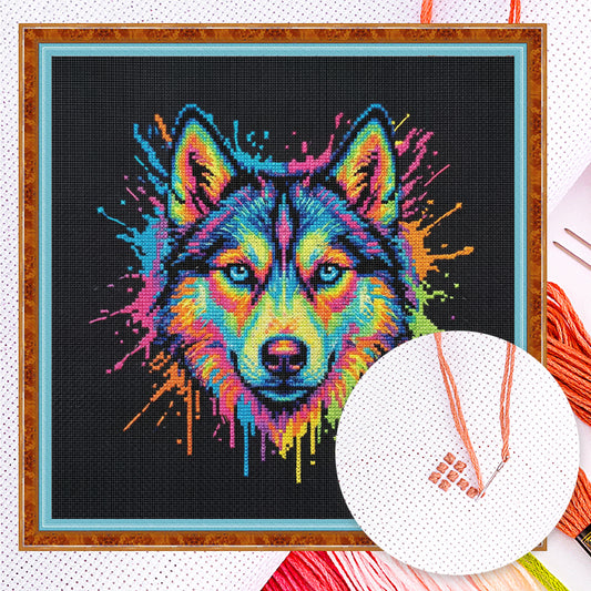 Colorful Splash Husky - Full 14CT Counted Cross Stitch 30x30CM - Yishu