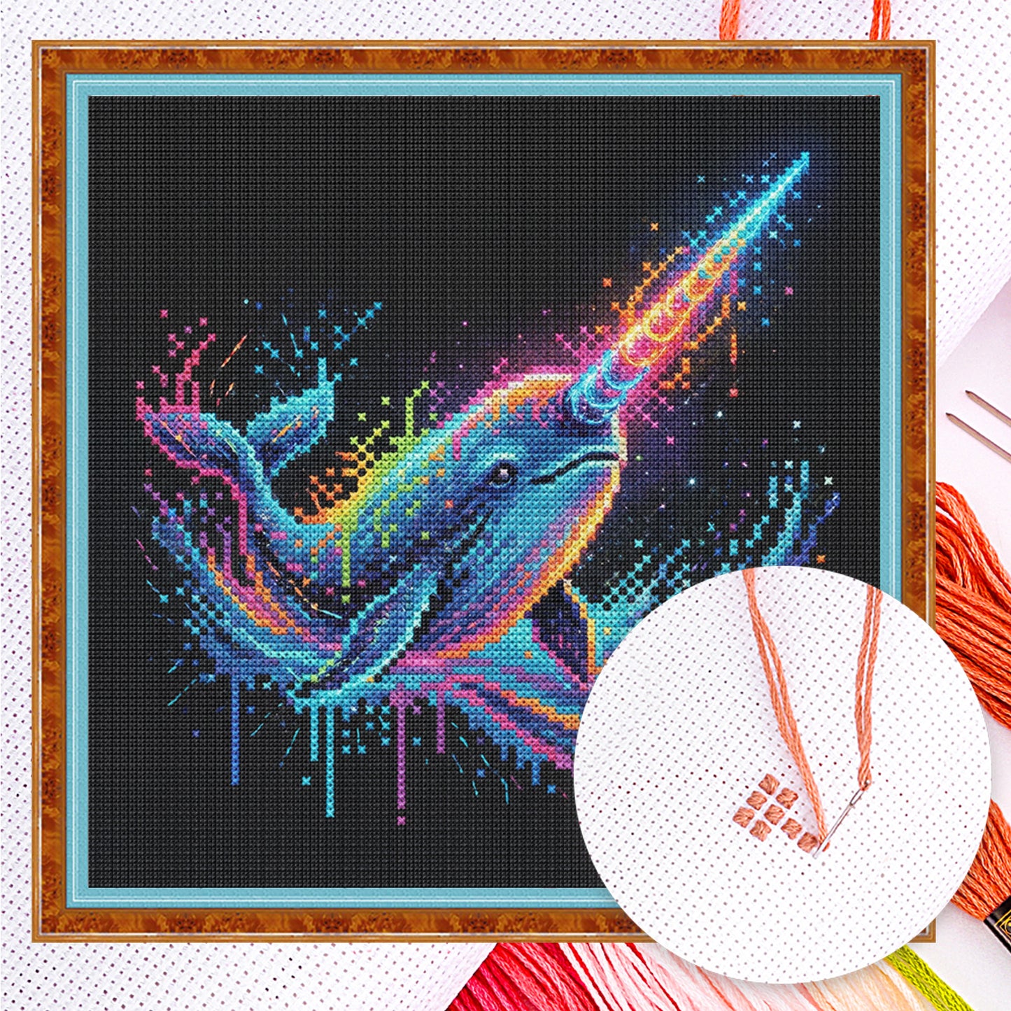 Colorful Splash Narwhal - Full 14CT Counted Cross Stitch 30x30CM - Yishu