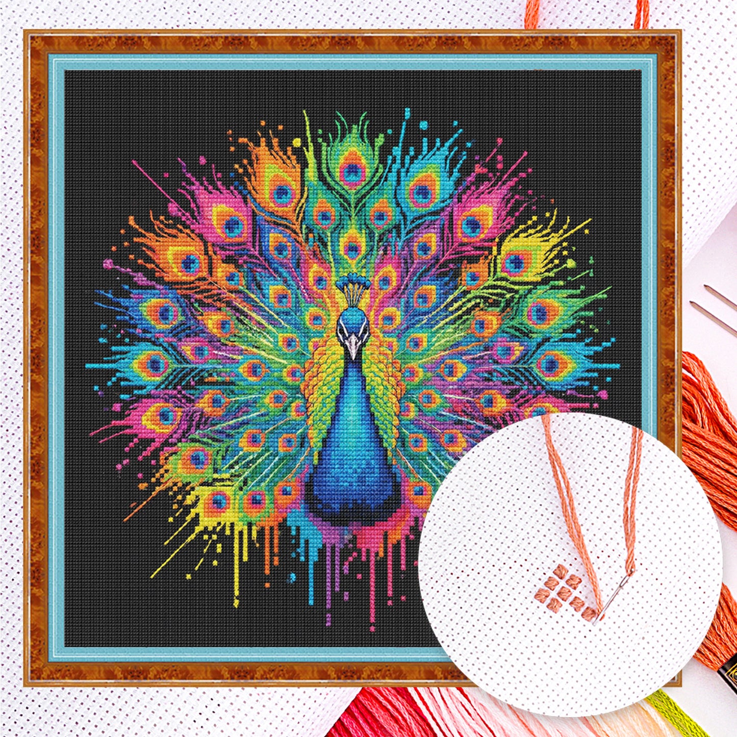 Colorful Splash Peacock - Full 14CT Counted Cross Stitch 30x30CM - Yishu
