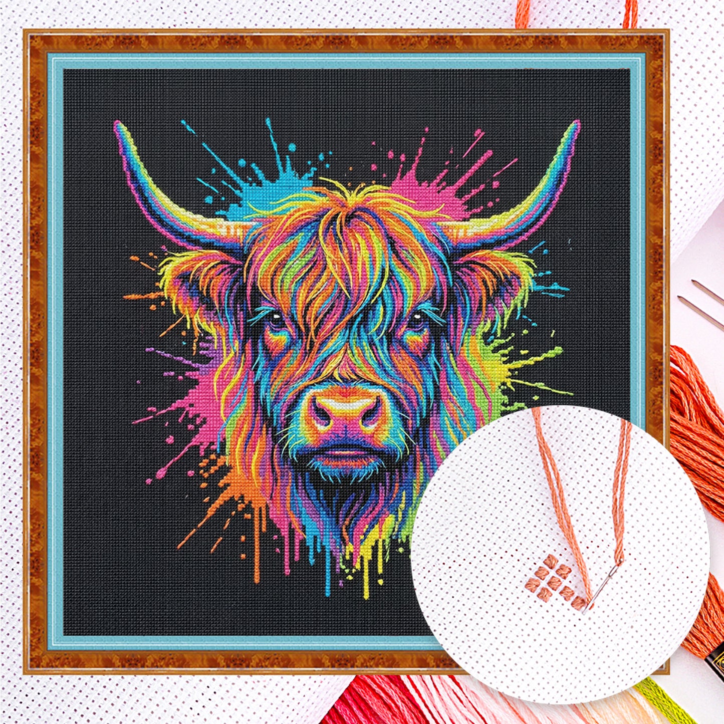 Colorful Splash Highland Cow - Full 14CT Counted Cross Stitch 30x30CM - Yishu