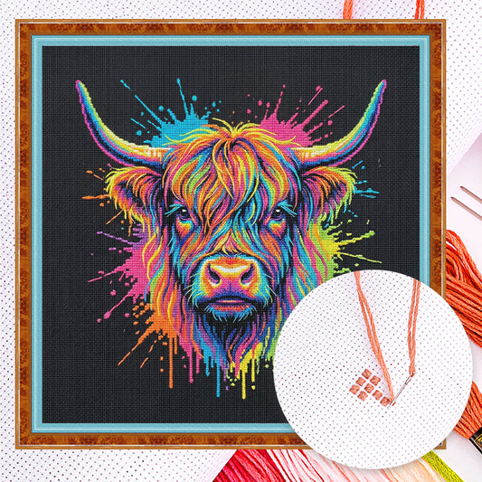Colorful Splash Highland Cow - Full 14CT Counted Cross Stitch 30x30CM - Yishu