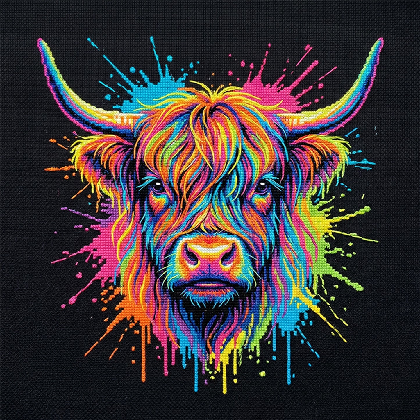 Colorful Splash Highland Cow - Full 14CT Counted Cross Stitch 30x30CM - Yishu