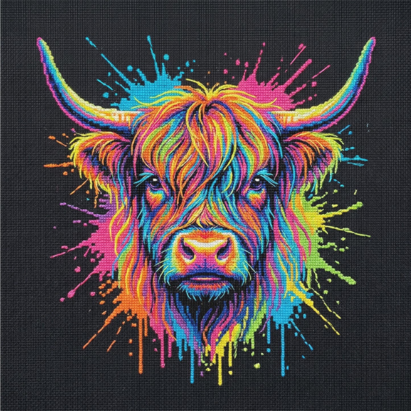 Colorful Splash Highland Cow - Full 14CT Counted Cross Stitch 30x30CM - Yishu