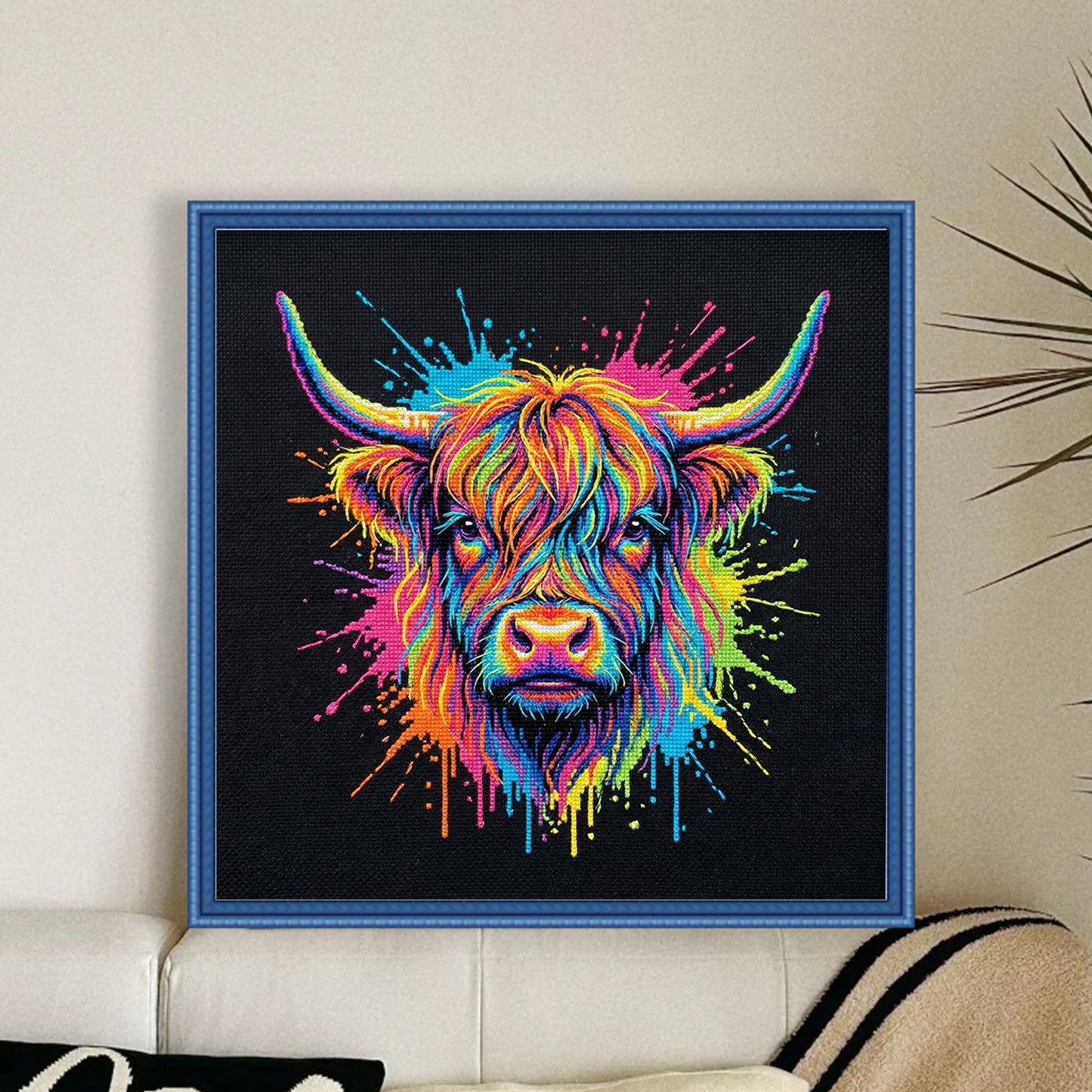 Colorful Splash Highland Cow - Full 14CT Counted Cross Stitch 30x30CM - Yishu