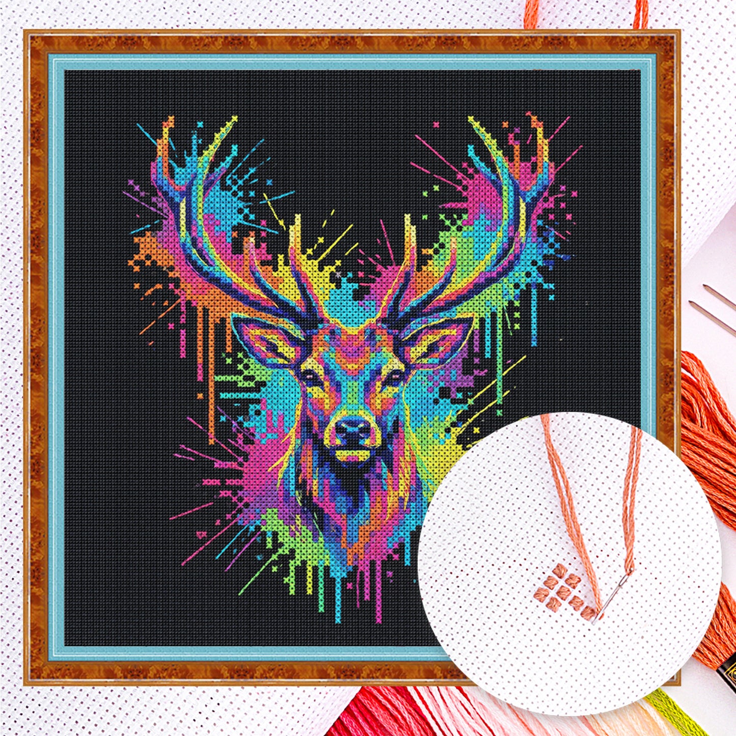 Colorful Splash Deer - Full 14CT Counted Cross Stitch 30x30CM - Yishu