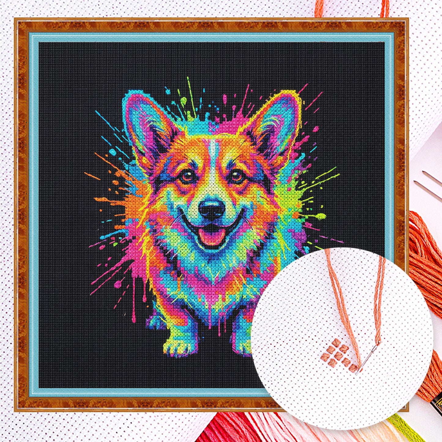 Colorful Splash Corgi - Full 14CT Counted Cross Stitch 30x30CM - Yishu