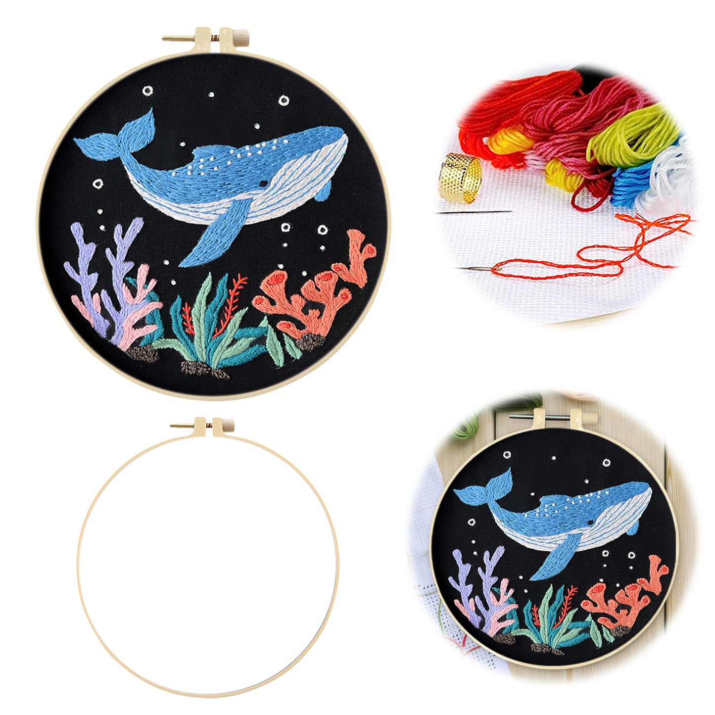 Blue Whale Ocean - DIY Embroidery Cross Stitch Kit with Pattern Cotton Threads Needles Hoop 30x30CM/11.81x11.81in