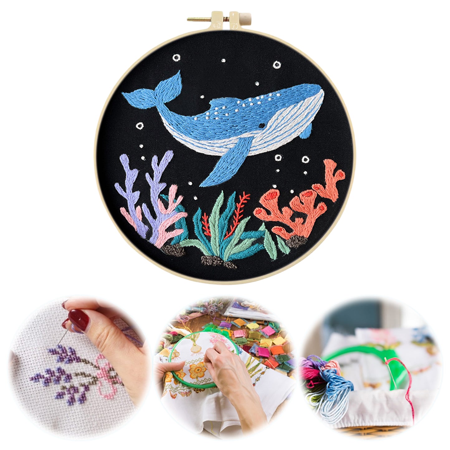 Blue Whale Ocean - DIY Embroidery Cross Stitch Kit with Pattern Cotton Threads Needles Hoop 30x30CM/11.81x11.81in