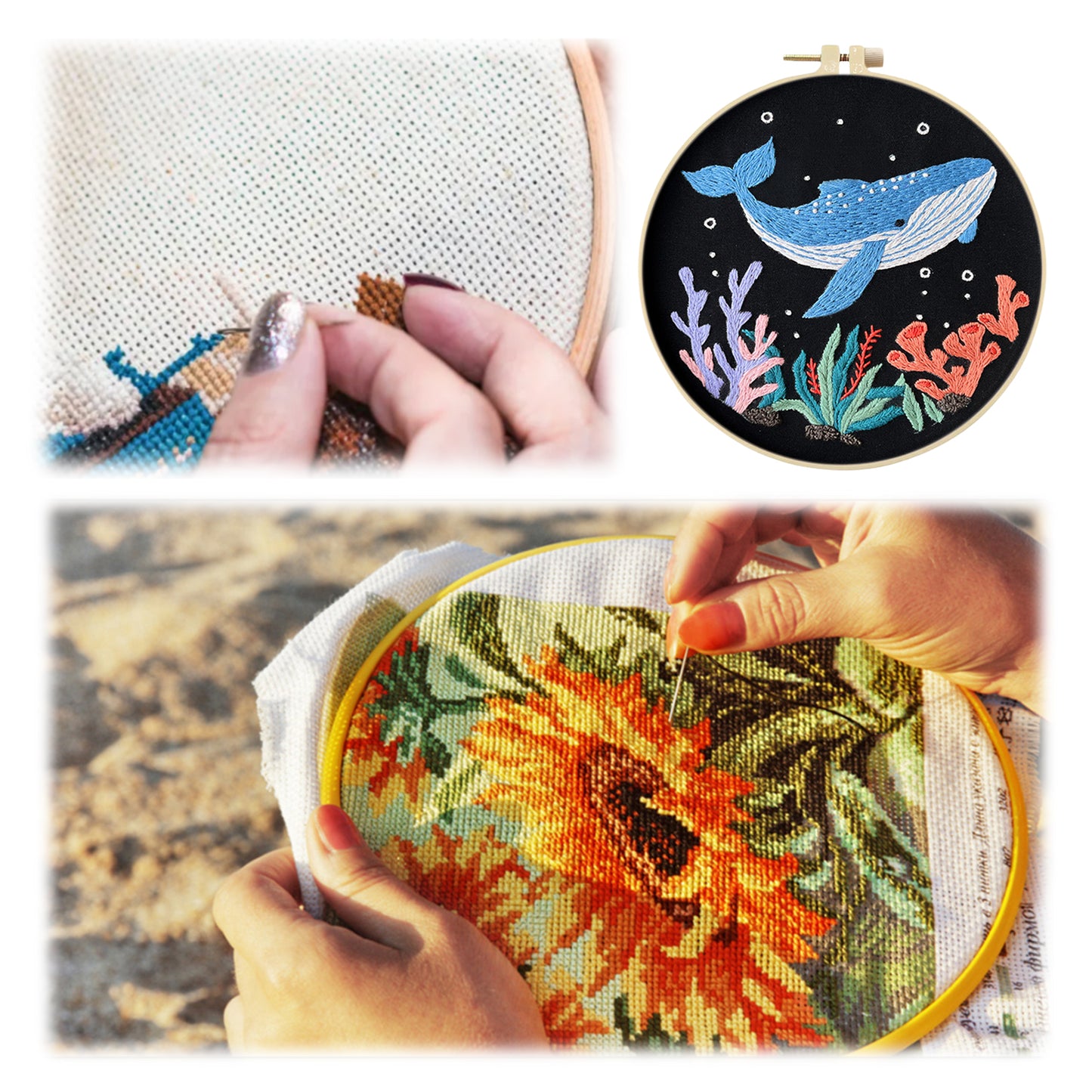 Blue Whale Ocean - DIY Embroidery Cross Stitch Kit with Pattern Cotton Threads Needles Hoop 30x30CM/11.81x11.81in