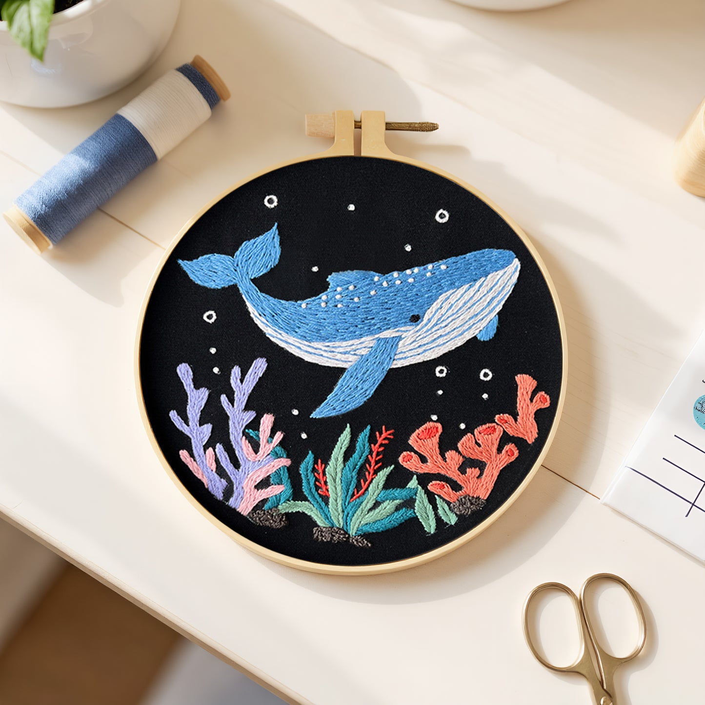 Blue Whale Ocean - DIY Embroidery Cross Stitch Kit with Pattern Cotton Threads Needles Hoop 30x30CM/11.81x11.81in