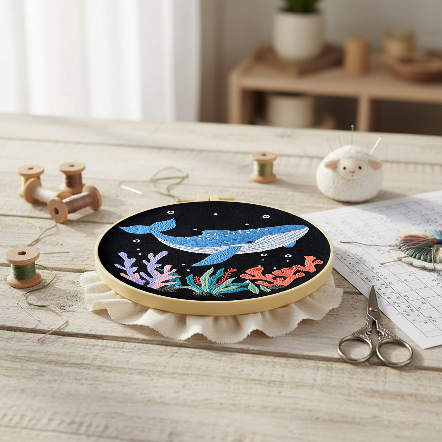 Blue Whale Ocean - DIY Embroidery Cross Stitch Kit with Pattern Cotton Threads Needles Hoop 30x30CM/11.81x11.81in