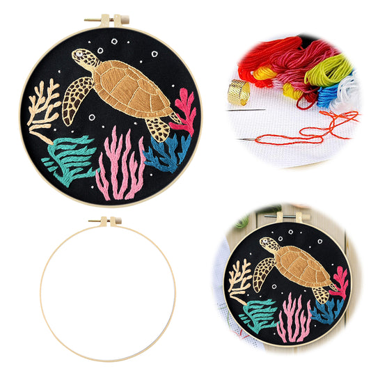 Sea Turtle - DIY Embroidery Cross Stitch Kit with Pattern Cotton Threads Needles Hoop 30x30CM/11.81x11.81in