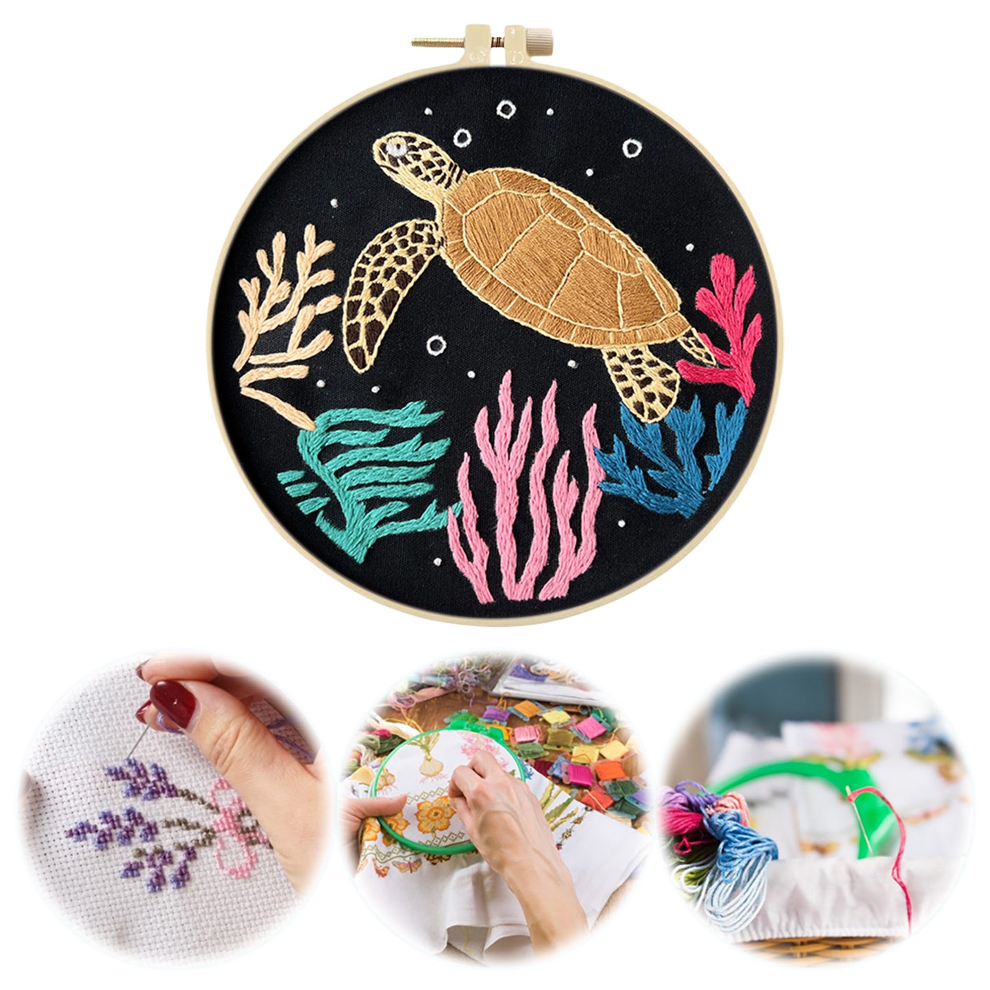 Sea Turtle - DIY Embroidery Cross Stitch Kit with Pattern Cotton Threads Needles Hoop 30x30CM/11.81x11.81in