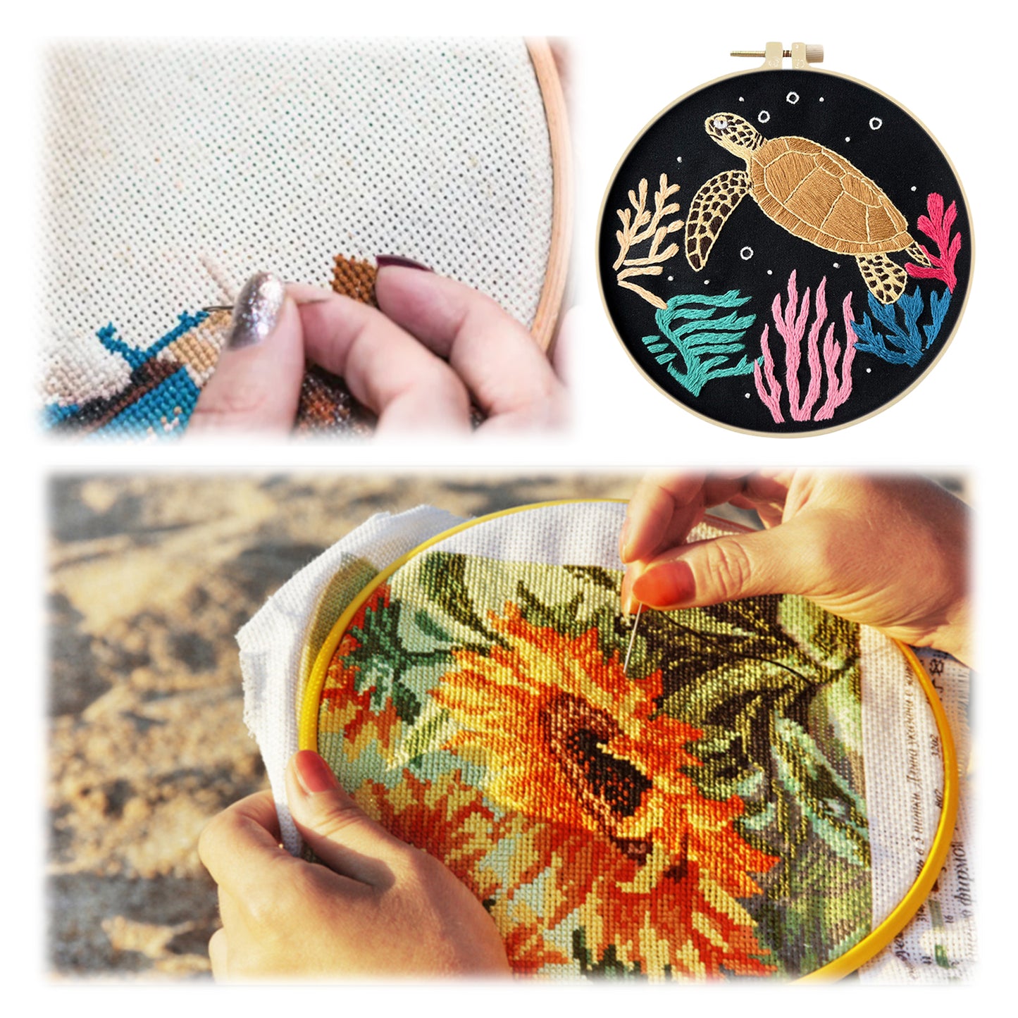 Sea Turtle - DIY Embroidery Cross Stitch Kit with Pattern Cotton Threads Needles Hoop 30x30CM/11.81x11.81in