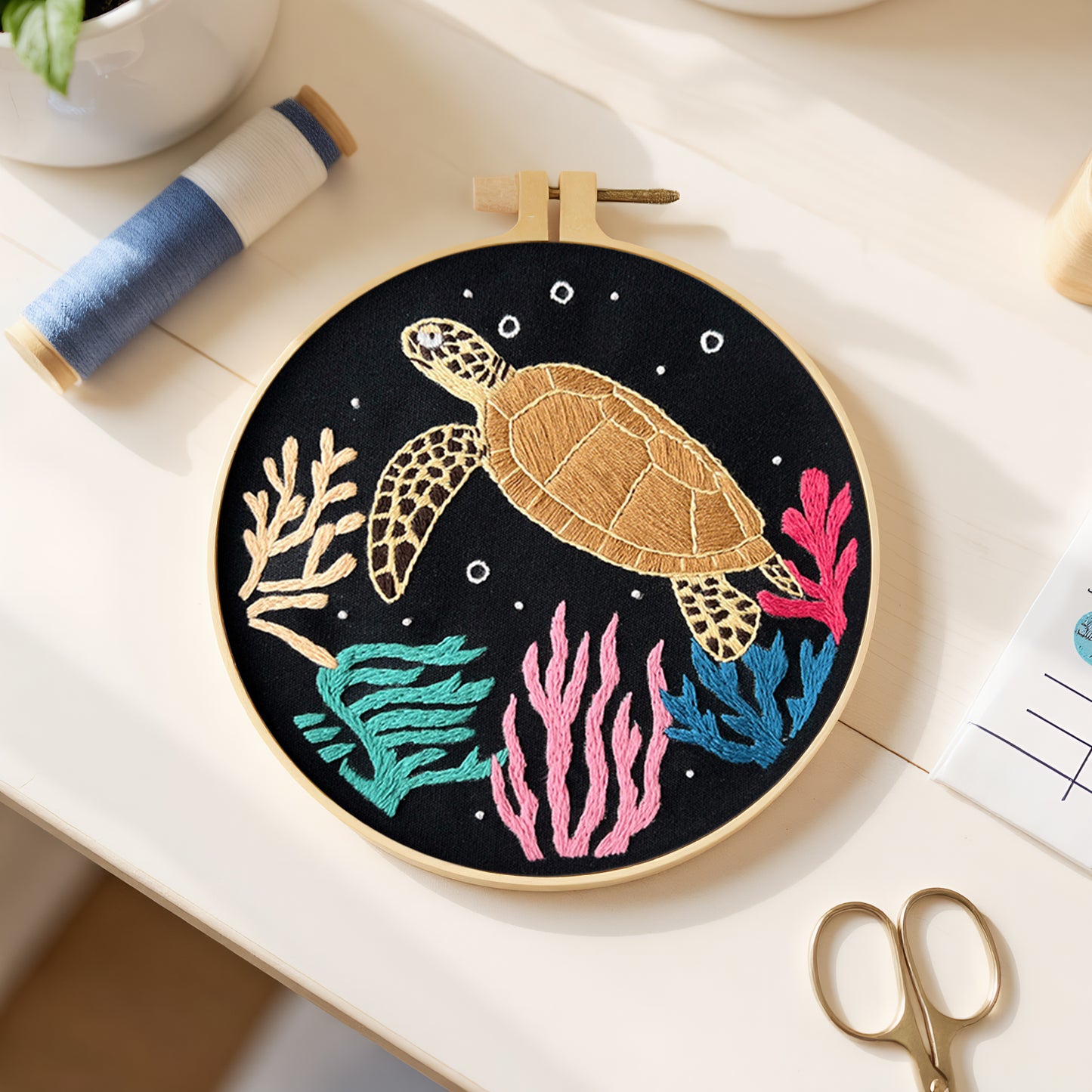Sea Turtle - DIY Embroidery Cross Stitch Kit with Pattern Cotton Threads Needles Hoop 30x30CM/11.81x11.81in