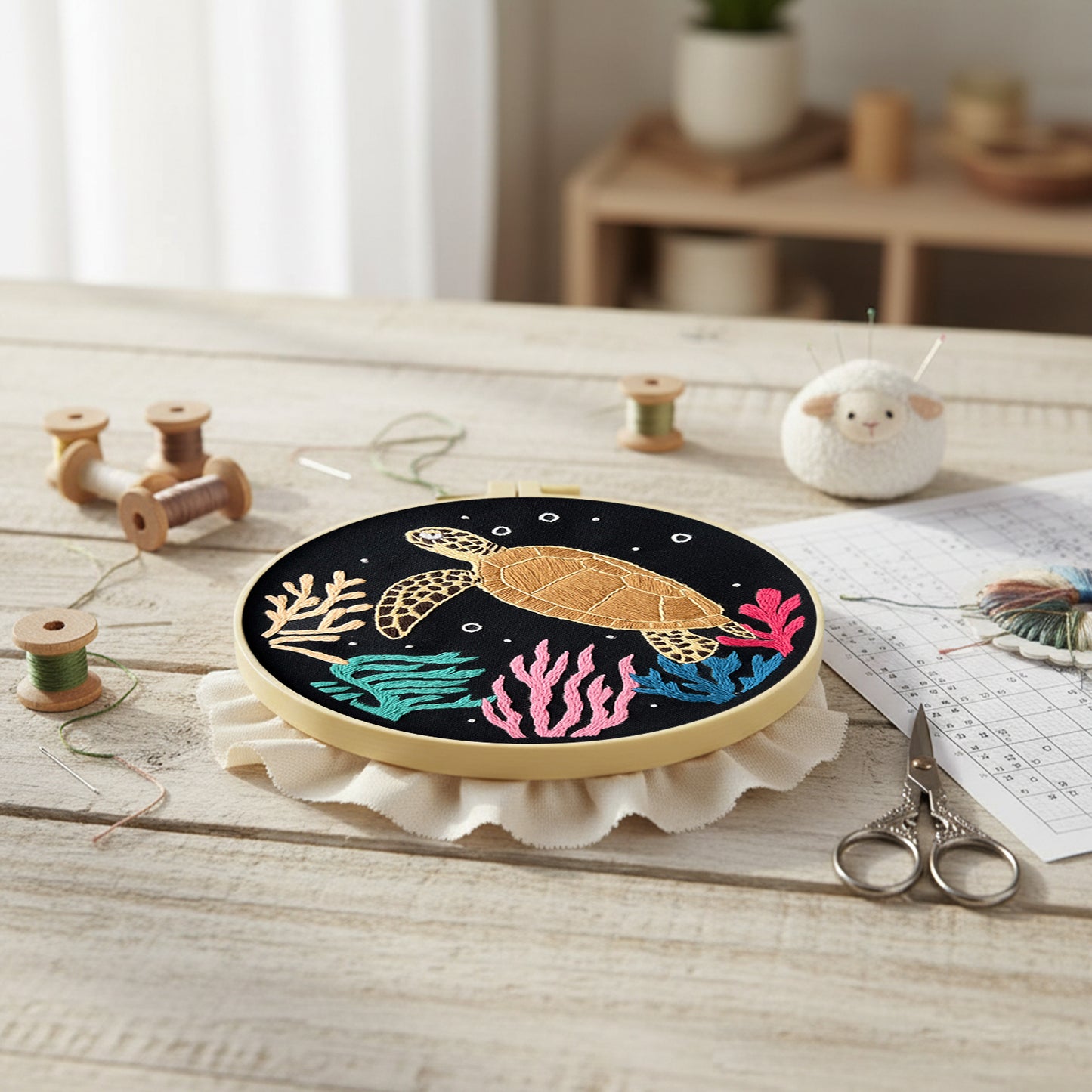 Sea Turtle - DIY Embroidery Cross Stitch Kit with Pattern Cotton Threads Needles Hoop 30x30CM/11.81x11.81in