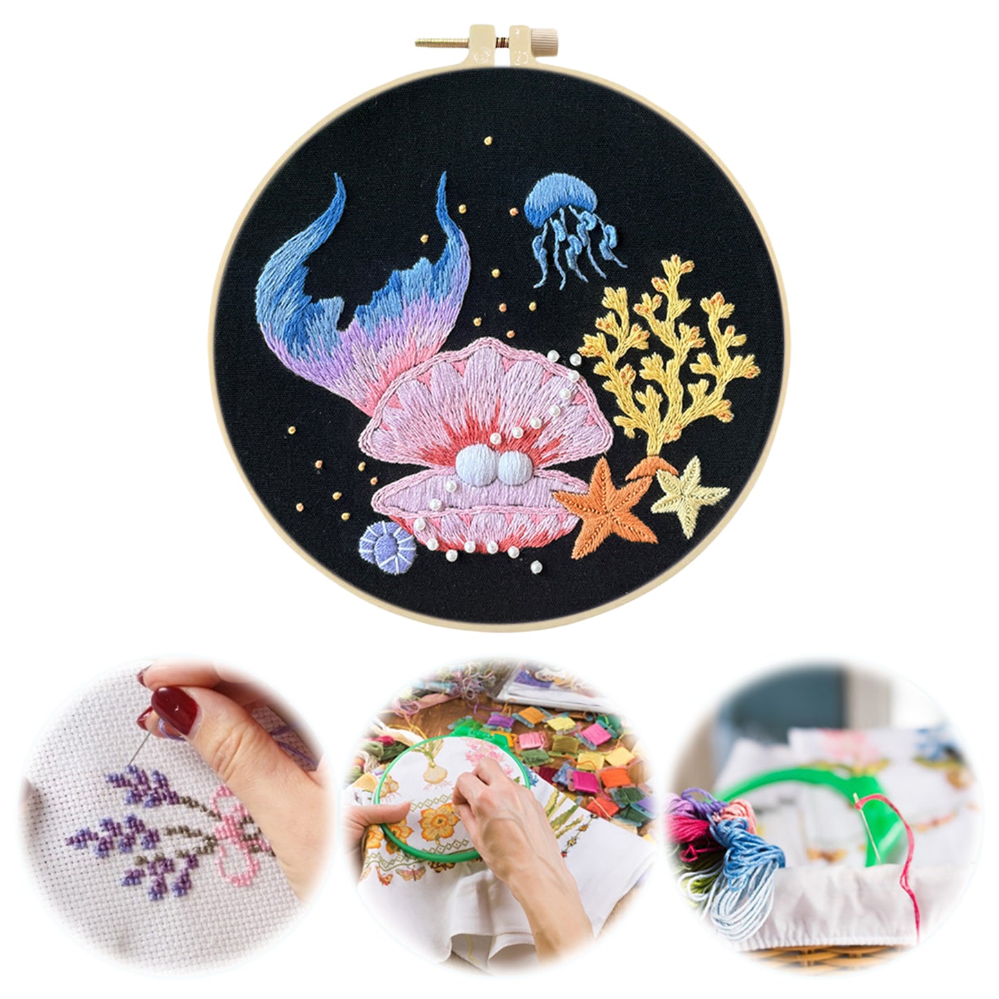 Mermaid Tail - DIY Embroidery Cross Stitch Kit with Pattern Cotton Threads Needles Hoop 30x30CM/11.81x11.81in