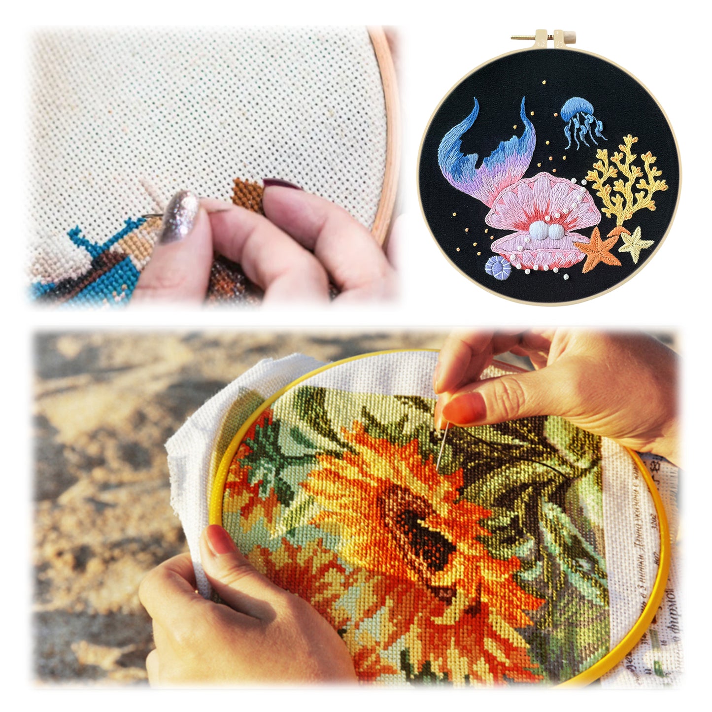 Mermaid Tail - DIY Embroidery Cross Stitch Kit with Pattern Cotton Threads Needles Hoop 30x30CM/11.81x11.81in