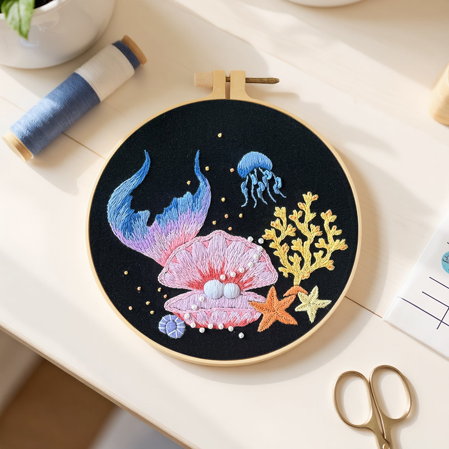 Mermaid Tail - DIY Embroidery Cross Stitch Kit with Pattern Cotton Threads Needles Hoop 30x30CM/11.81x11.81in