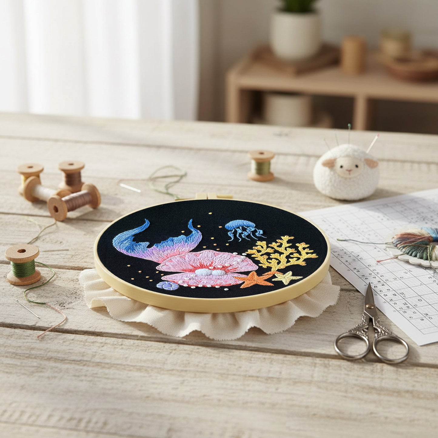 Mermaid Tail - DIY Embroidery Cross Stitch Kit with Pattern Cotton Threads Needles Hoop 30x30CM/11.81x11.81in