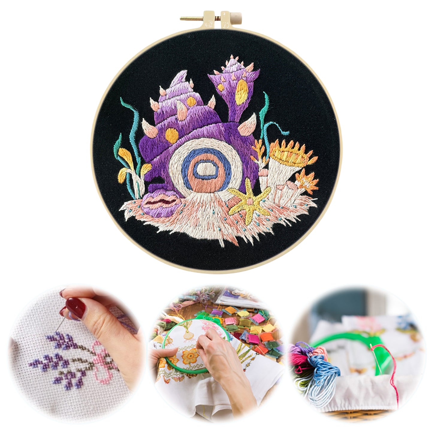 Purple Conch - DIY Embroidery Cross Stitch Kit with Pattern Cotton Threads Needles Hoop 30x30CM/11.81x11.81in
