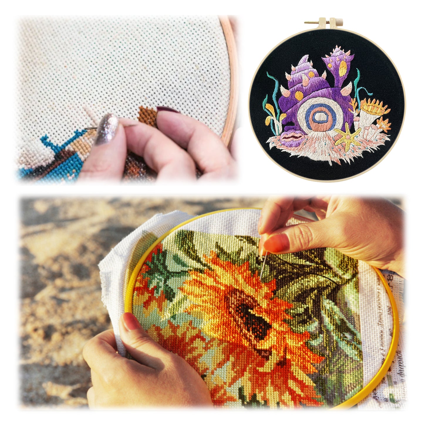 Purple Conch - DIY Embroidery Cross Stitch Kit with Pattern Cotton Threads Needles Hoop 30x30CM/11.81x11.81in