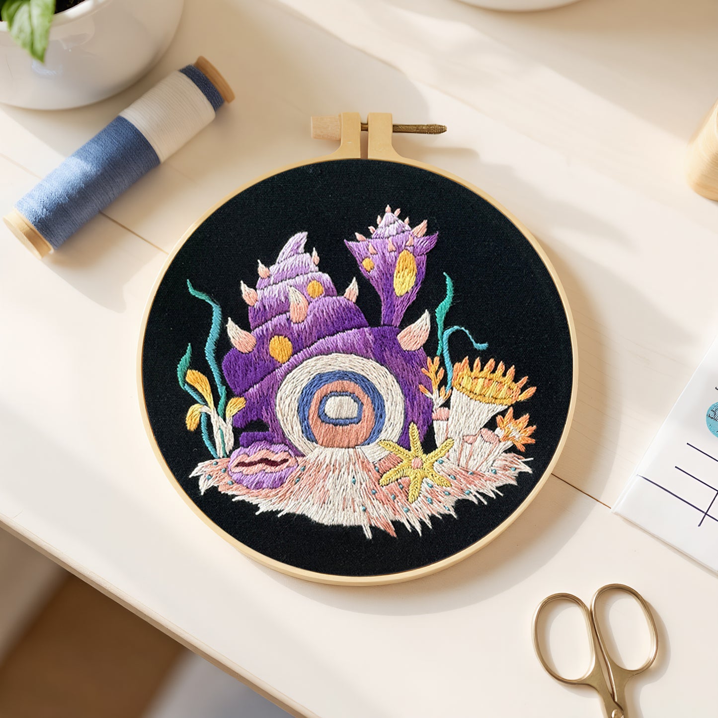 Purple Conch - DIY Embroidery Cross Stitch Kit with Pattern Cotton Threads Needles Hoop 30x30CM/11.81x11.81in