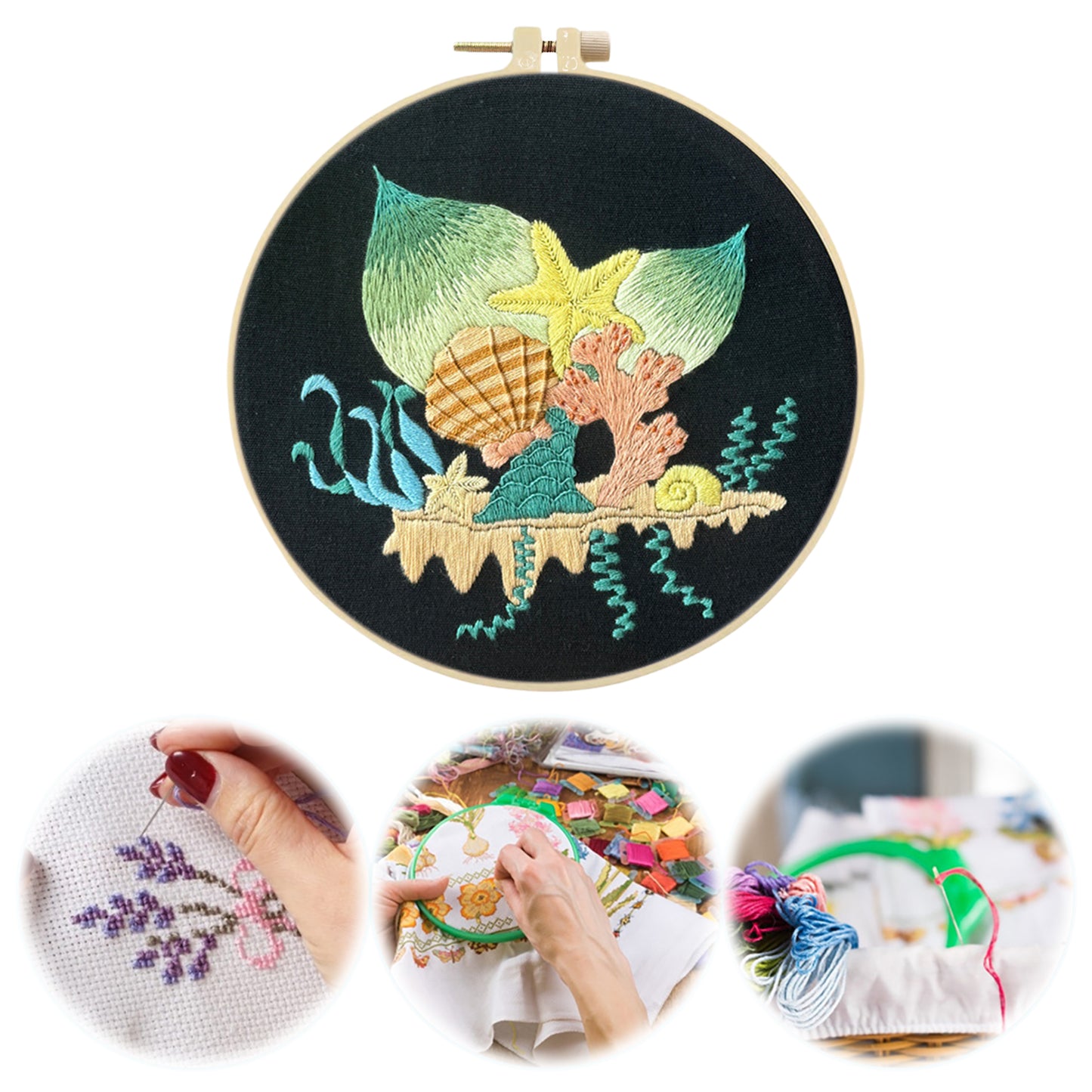 Pastel Seabed Garden - DIY Embroidery Cross Stitch Kit with Pattern Cotton Threads Needles Hoop 30x30CM/11.81x11.81in