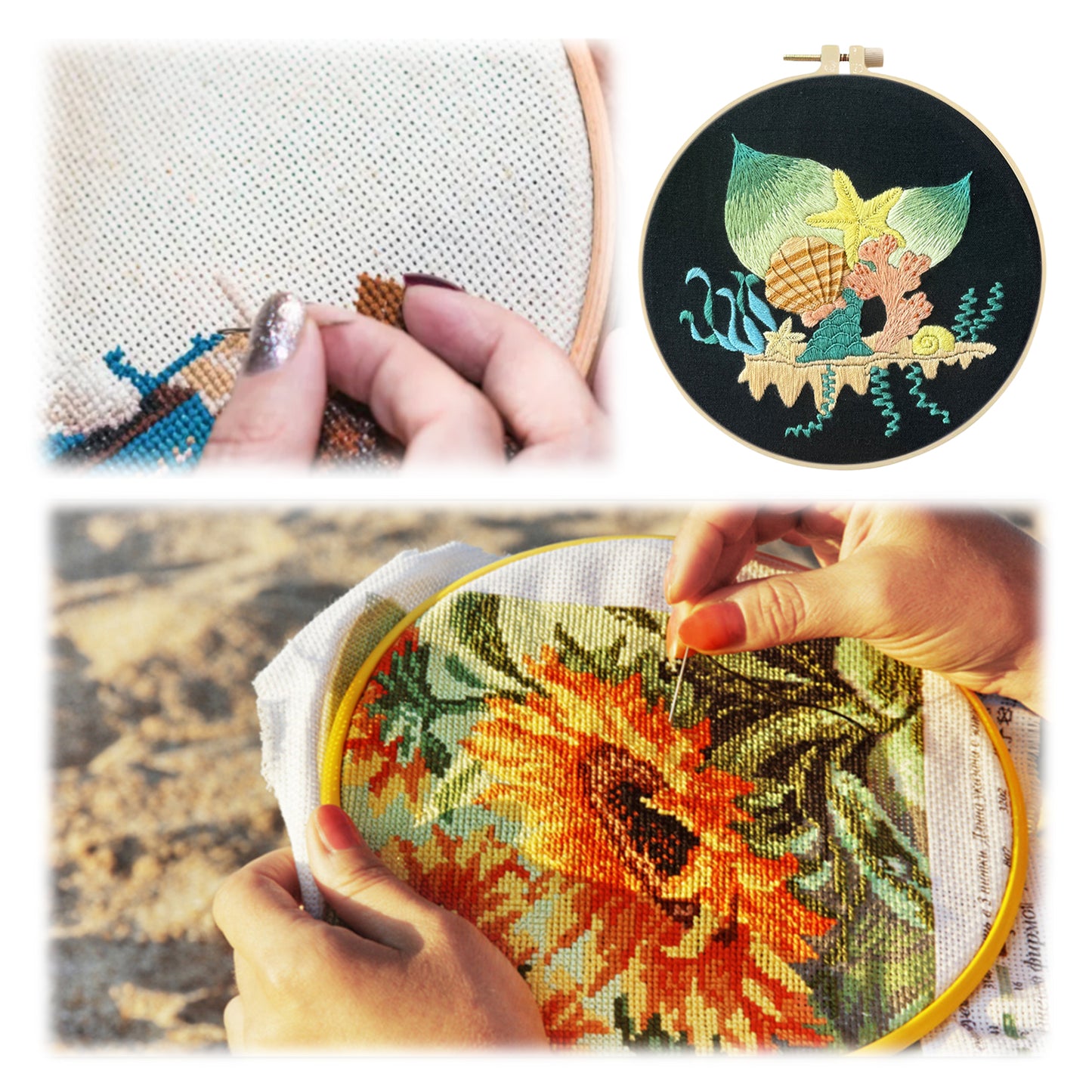 Pastel Seabed Garden - DIY Embroidery Cross Stitch Kit with Pattern Cotton Threads Needles Hoop 30x30CM/11.81x11.81in